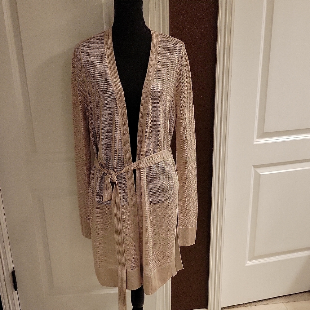 White House Black Market Beige Open Knit Cardigan with Belt